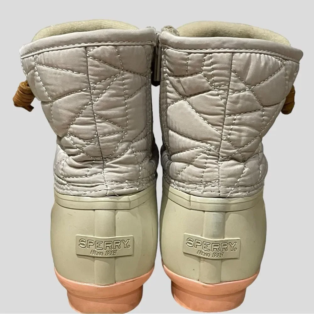 Sperry Saltwater Duck Boots Girls 4 Cream Peach Quilted Rain Snow Boots
